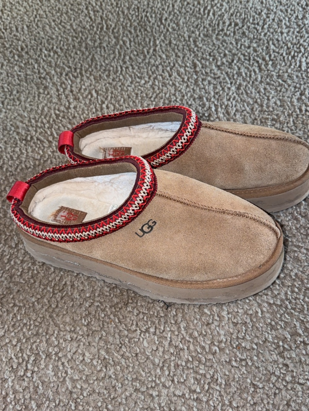 UGG Tan Suede Slip-On Clog with Red Trim